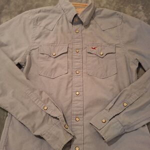 Hollister Denim Pearl Snap Western Shirt Mens S Light Blue Long Sleeve Logo